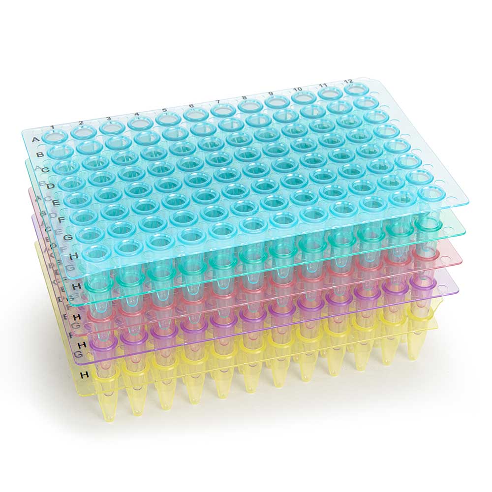 Globe Scientific 0.2mL 96-Well PCR Plate, No Skirt, Flat Top, Assorted Colors (Blue, Red, Green, Yellow and Violet) .2ml;no skirt;
